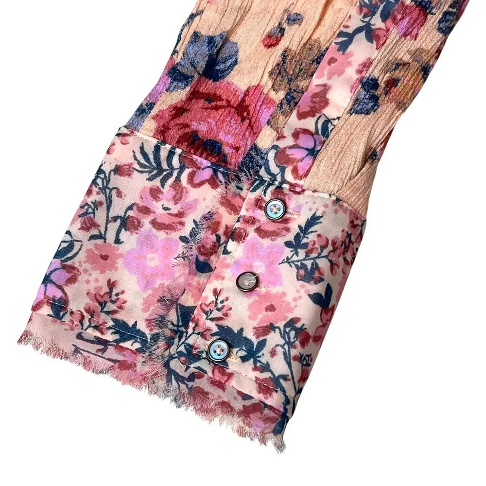 Free People Hold On To Me Floral Button Front Blouse Coral Cottage Boho Large